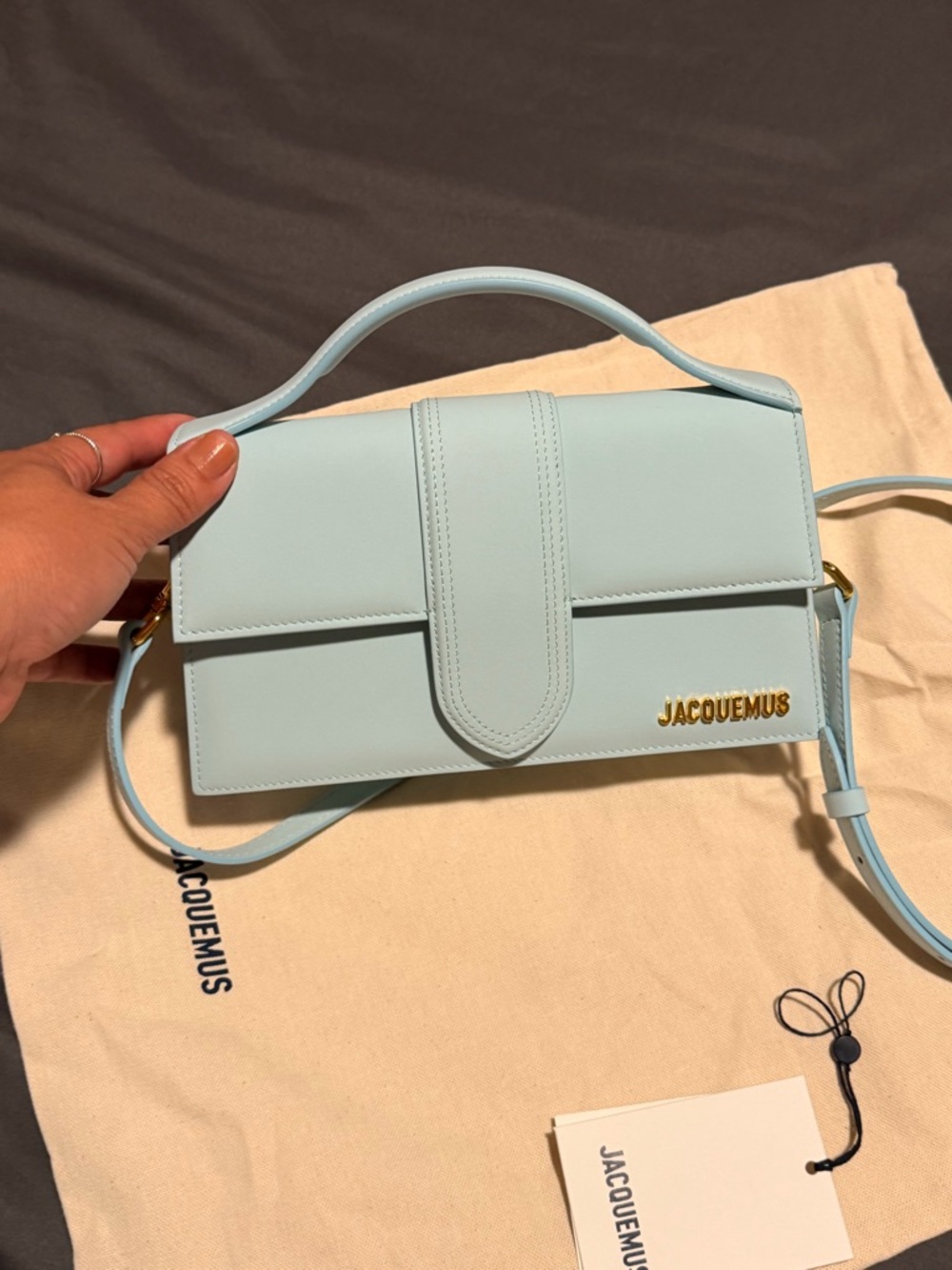 Jacquemus baby blue leather shoulder bag with gold logo